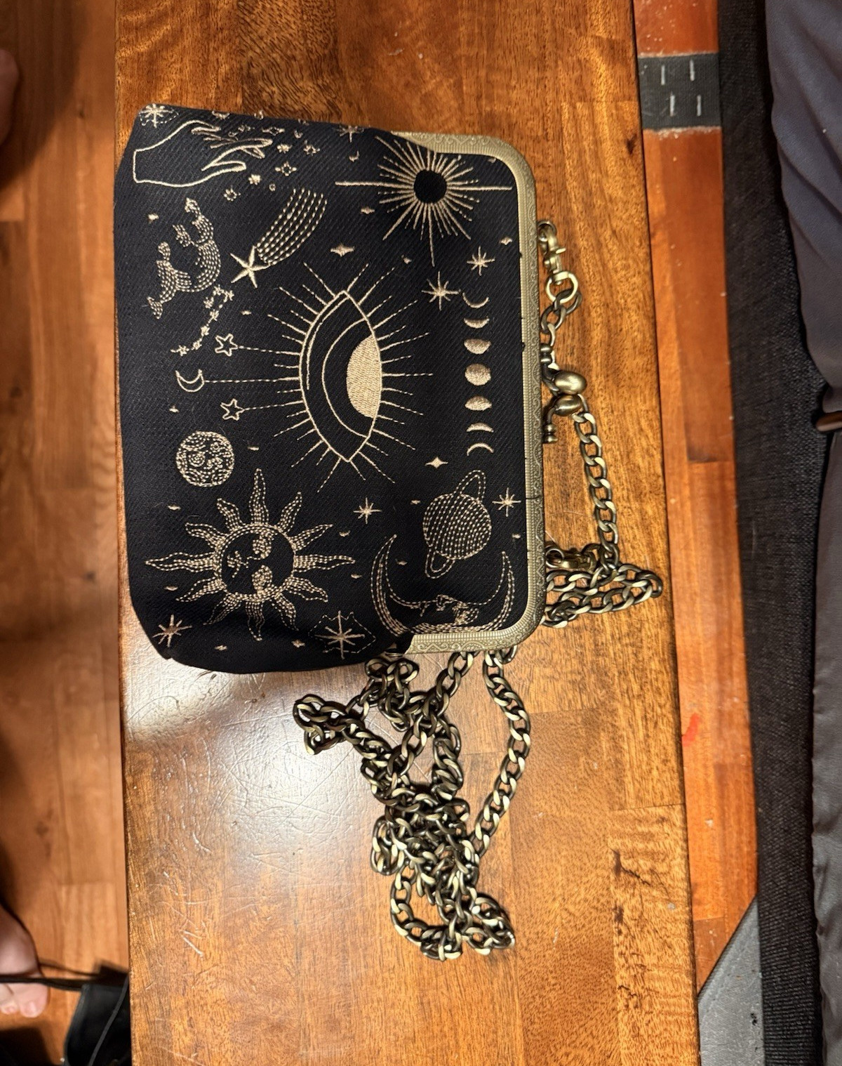 Black Celestial Moon Stars Sun Lock Clutch Purse with Chain Strap