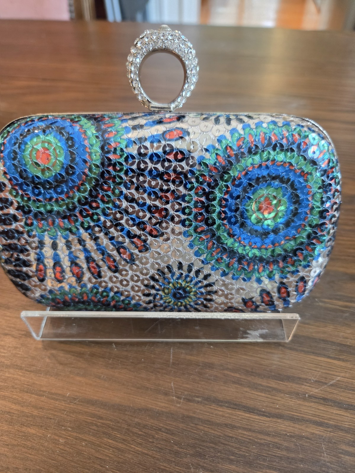 Multicolor Geometric Rhinestone Clutch Clasp Closure Silver Chain Strap