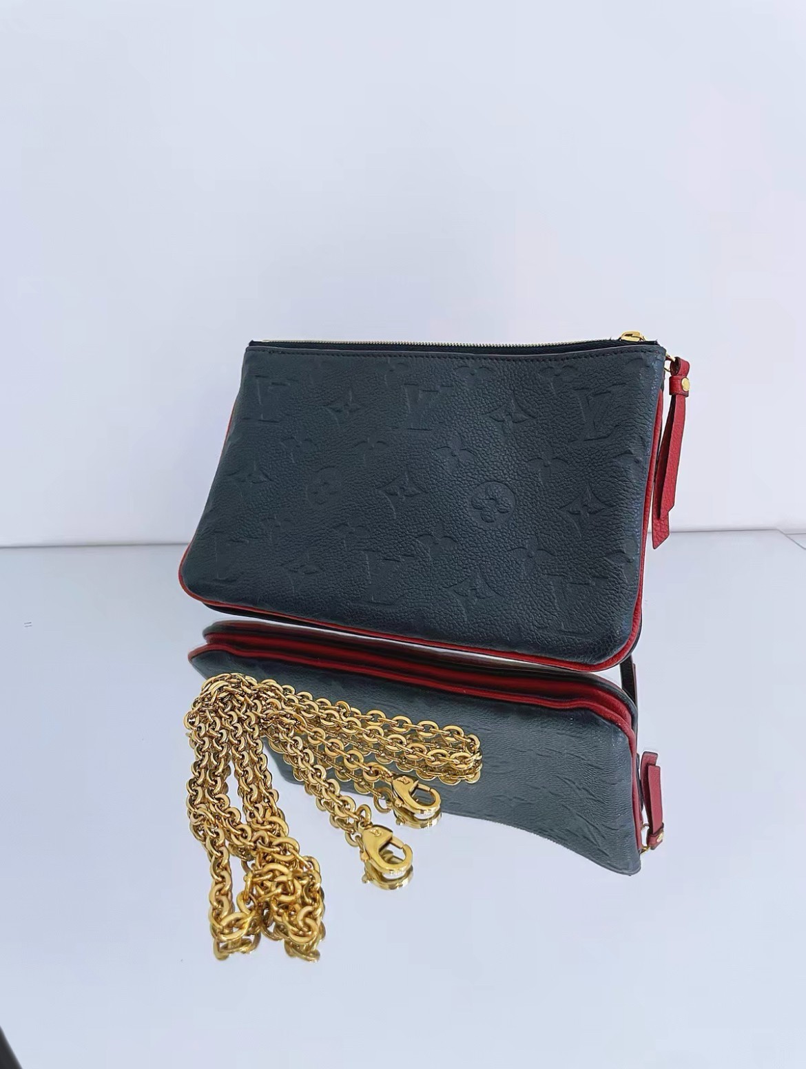 Louis Vuitton Pochette Double Blue Red Chain Two Layer Calfskin Crossbody Bag