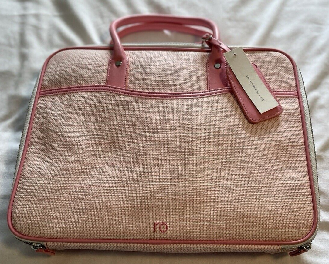 ro New York Designer Laptop Bag Leather Trim Monogram Design Jade Camellia Pink