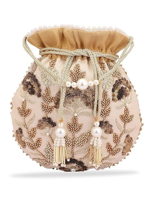 Embroidered Silk Potli Bag Handmade Beads Sequin Ethnic Clutch India Beige 2
