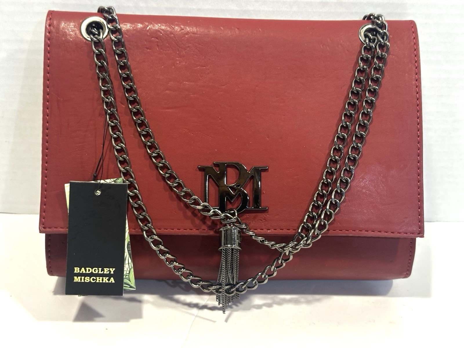 Badgley Mischka Metal Fringe Tassel Vegan Leather Red Crossbody Bag