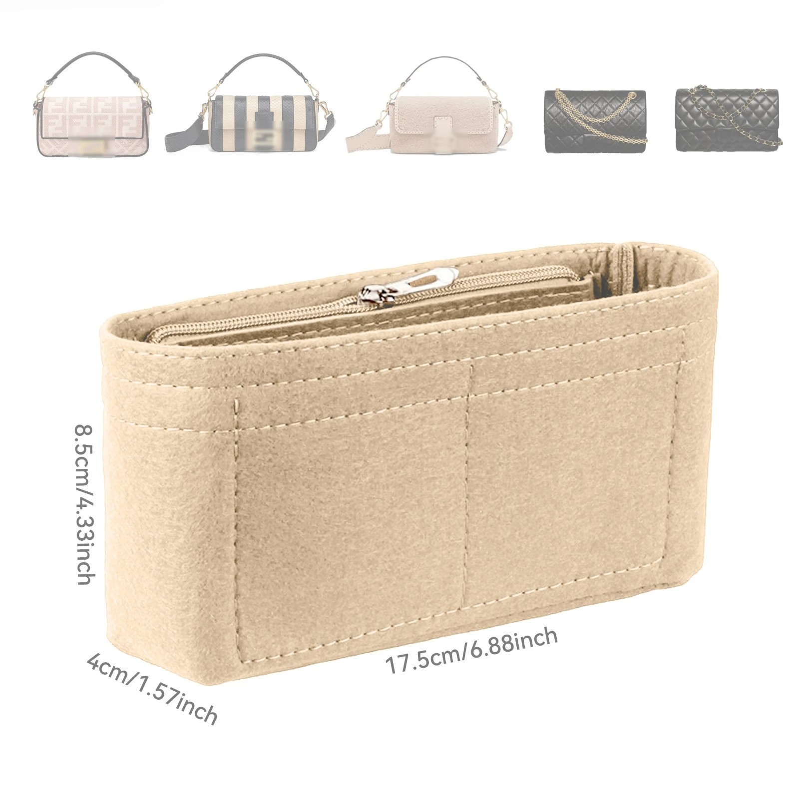 Felt Bag Organiser Insert with Zipper Multi-Pocket Purse Liner for Handbags