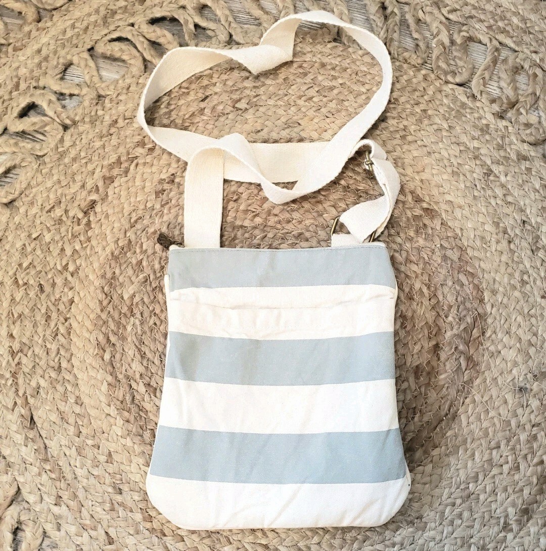 The Royal Standard Canvas Wide Stripe Crossbody Bag Blue Beige 10×9 Inch Coastal