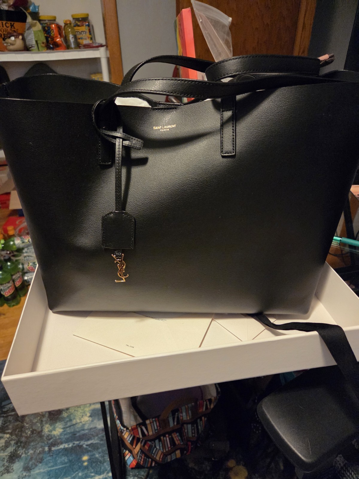 Saint Laurent Black Large Shopping Tote w/ Detachable Pouch, Clochette Dust Bag