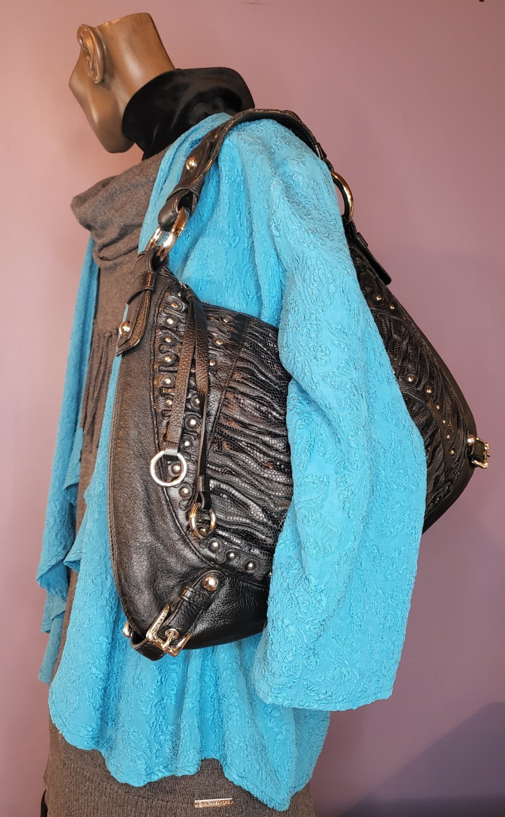 🔥RARE HTF Classic Black Leather Purse Bag Handbag Studs Boho Rock Woman Fashion