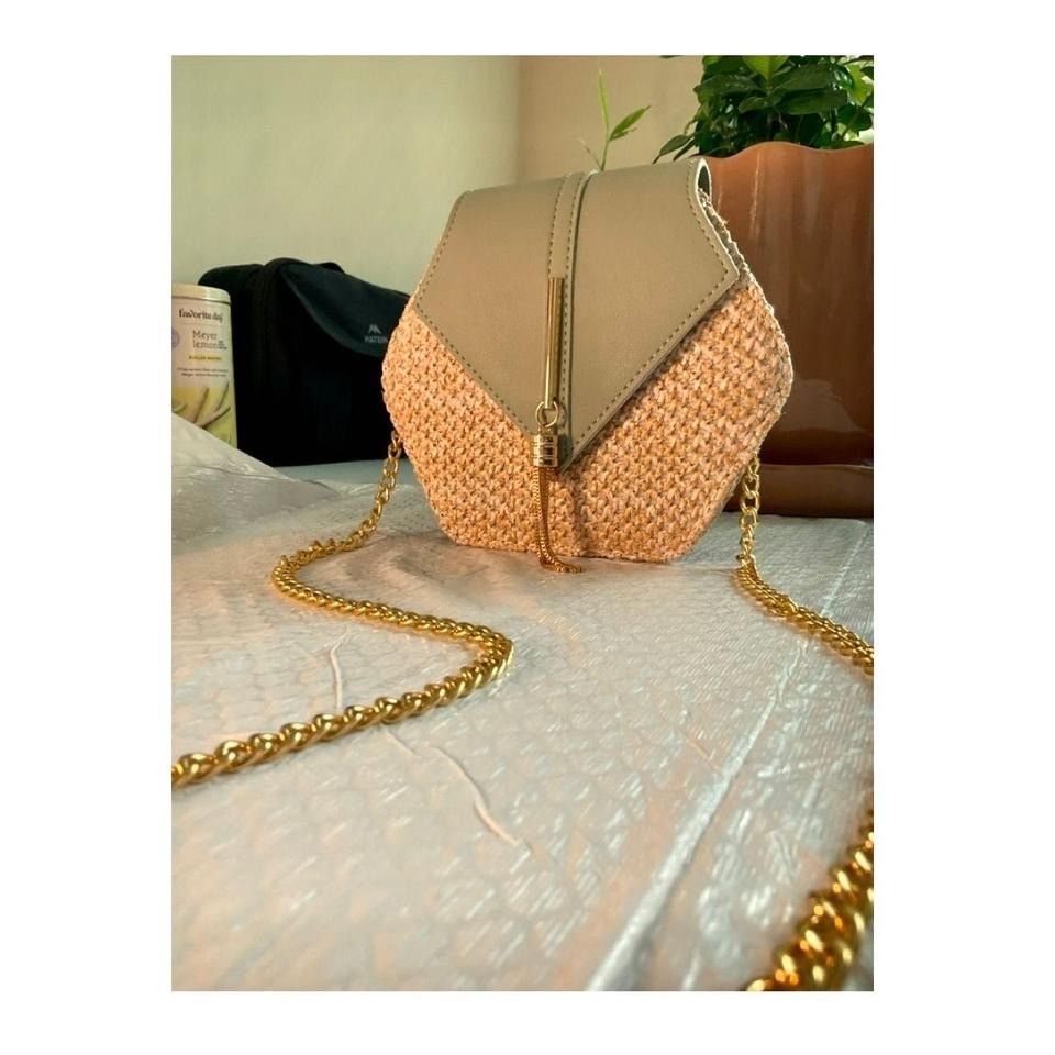 Hexagonal Straw Bag Pastel Green Faux Leather Chain Strap Crossbody Purse