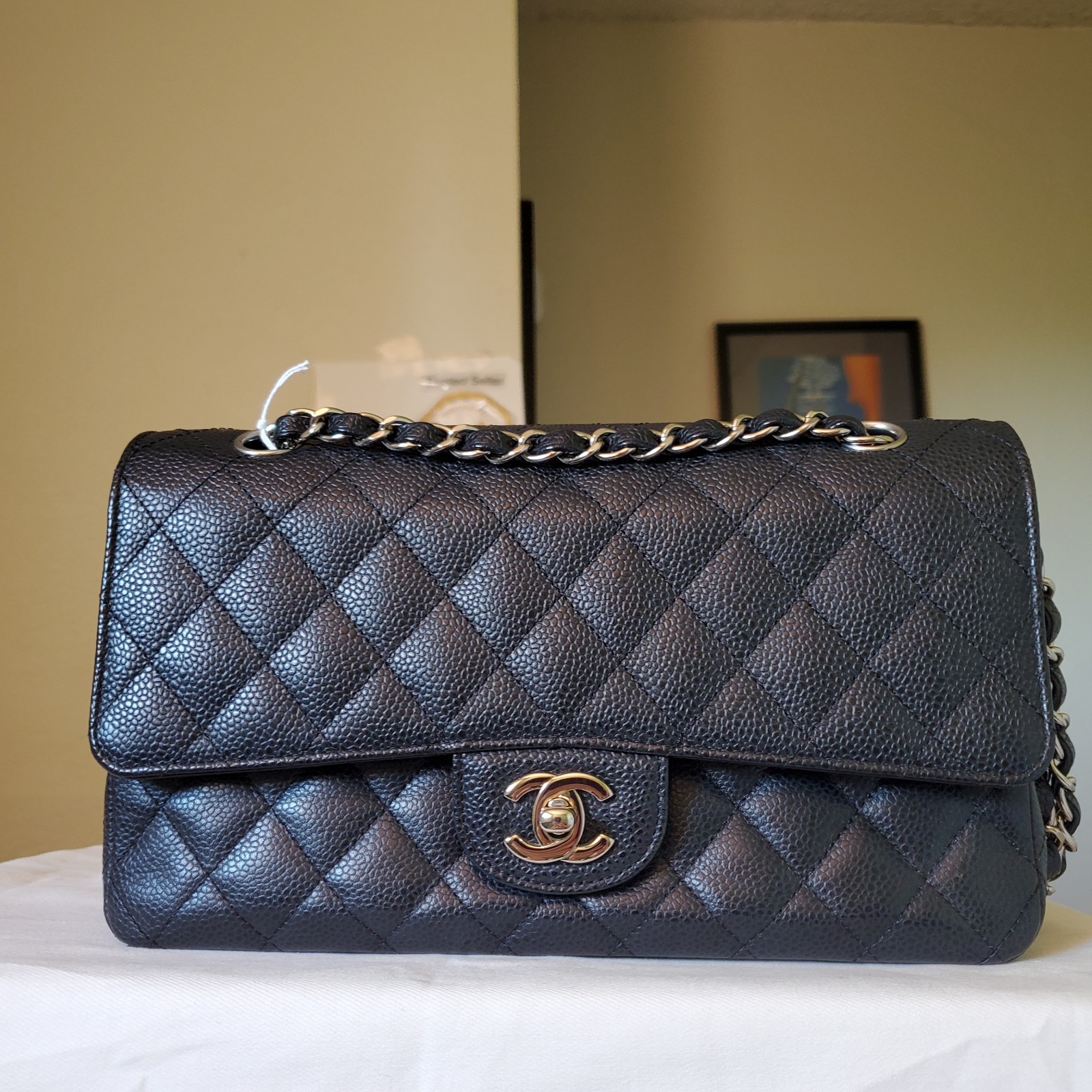 $11,700 CHANEL Double Flap Classic Medium black ca.viar bag Silver hw Serial 17