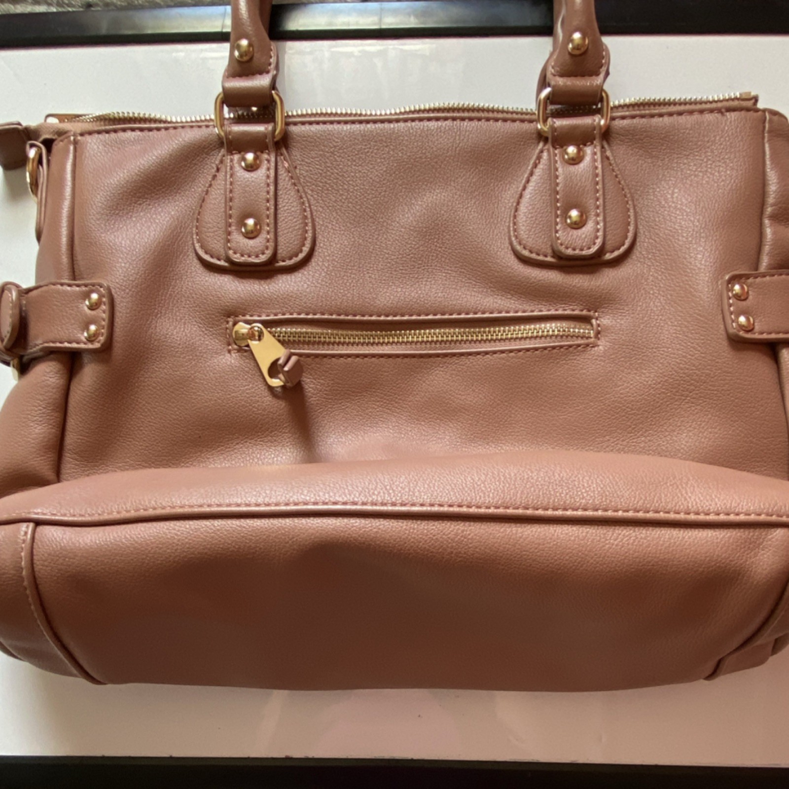 Urban Expressions Brown Shoulder Bag Gold Hardware Zipper Stud Accents Pockets