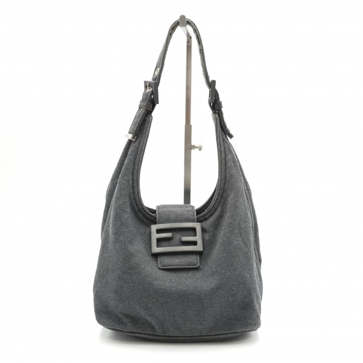 FENDI Mamma Baguette Shoulder Bag Gray Cotton FF Buckle