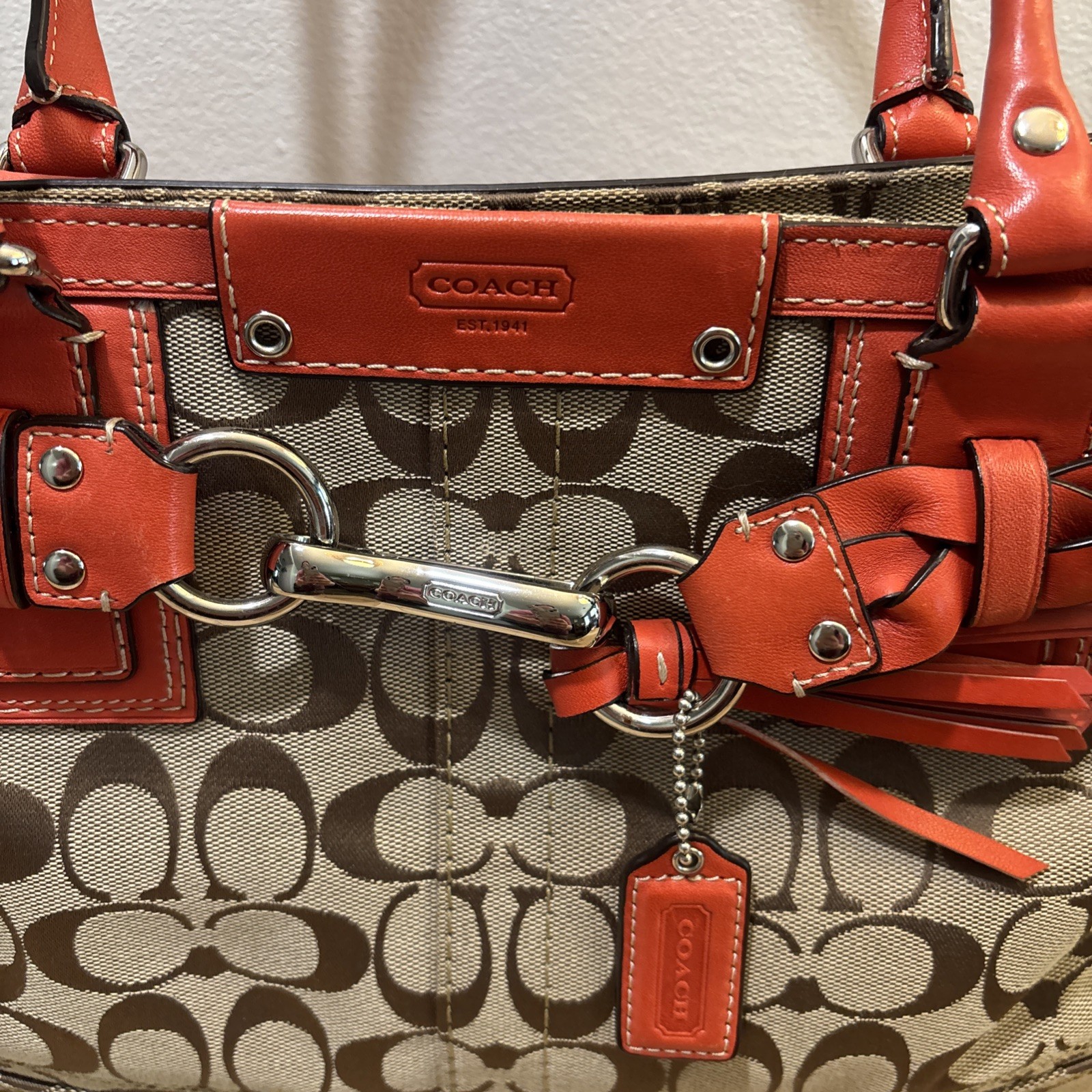 Coach Hampton Signature Logo Braided Leather Carryall Tote Handbag