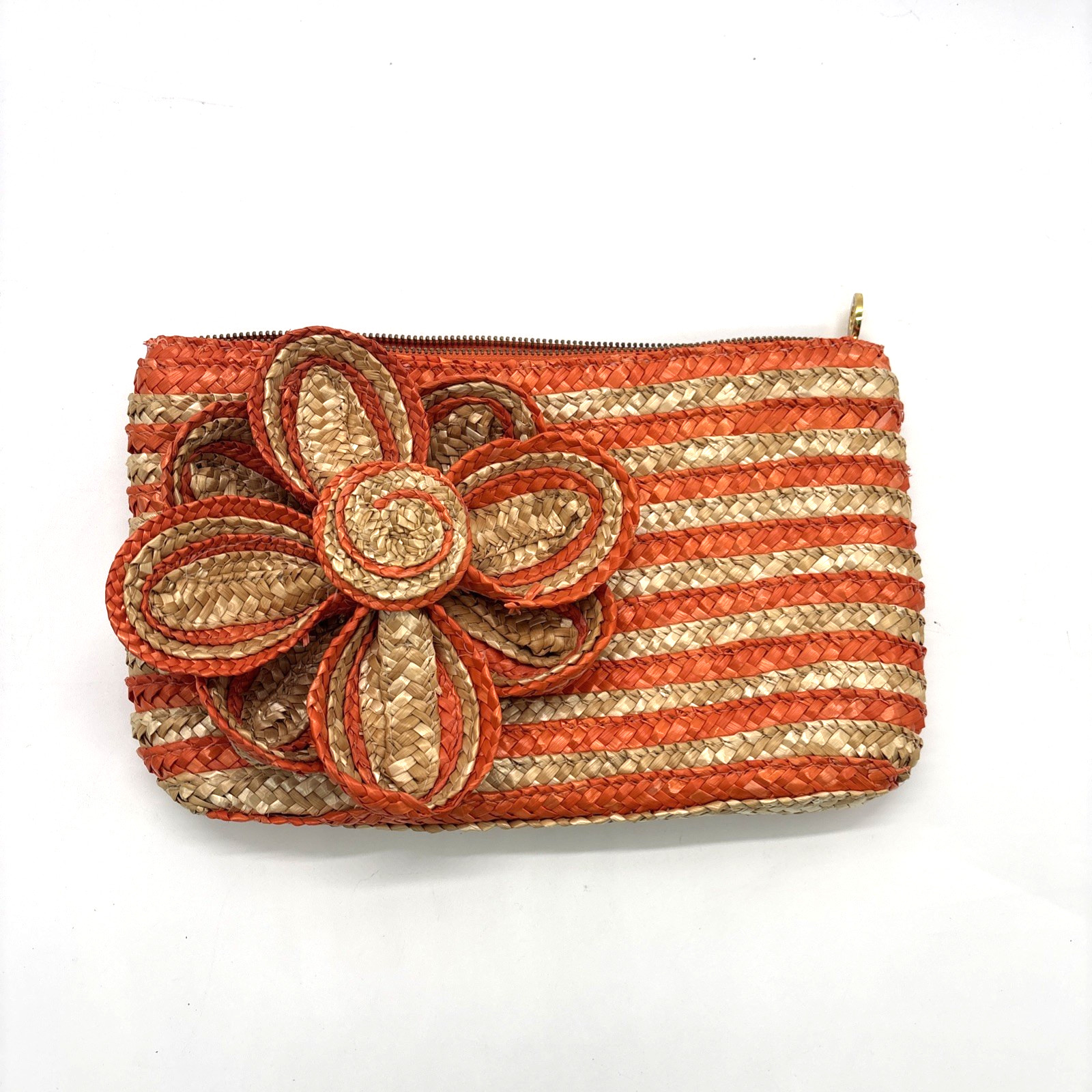 Mud Pie Clutch Flower Handbag Clutch Natural Orange Woven Wheat Straw Stripes