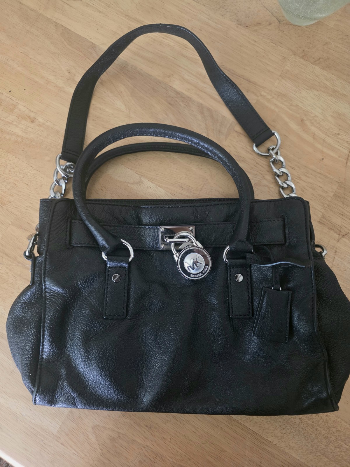 Michael Kors Black Satchel Top Handle Bag w/ Silver Lock, Chain Strap Leather