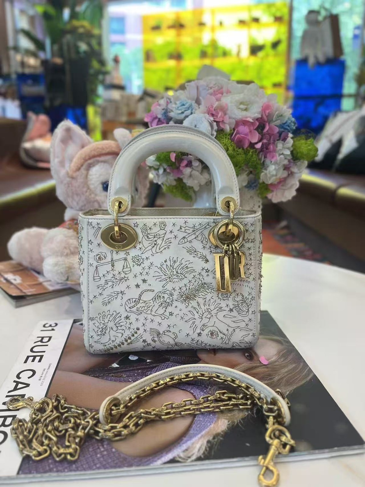 Auth Christian Dior Lady Dior Mini White Zodiac Beaded Embroidery Crossbody Bag