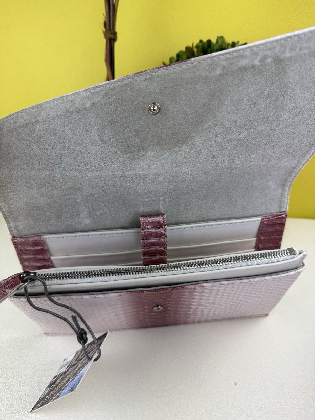 August The Chelsea Clutch Rosy Snake Effect Leather New With Tags 10 Card & 4