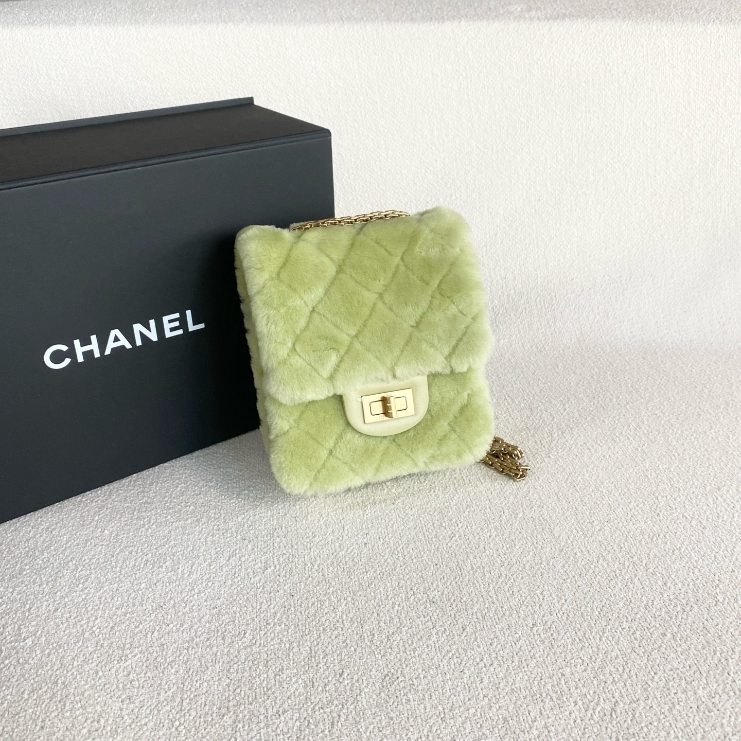 Chanel Vertical 2.55 Mini Camera Bag Green Shearling Gold Hardware 30 Series EUC