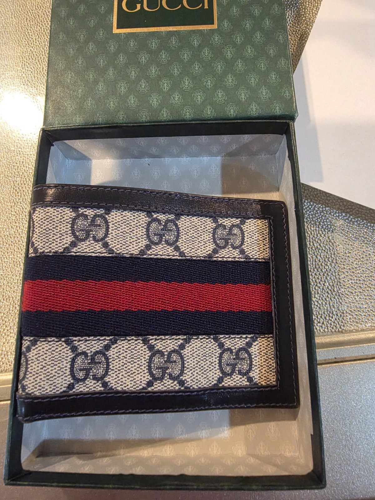 Auth. Gucci Accessory Collection Monogram with Red/Blue stripe Wallet
