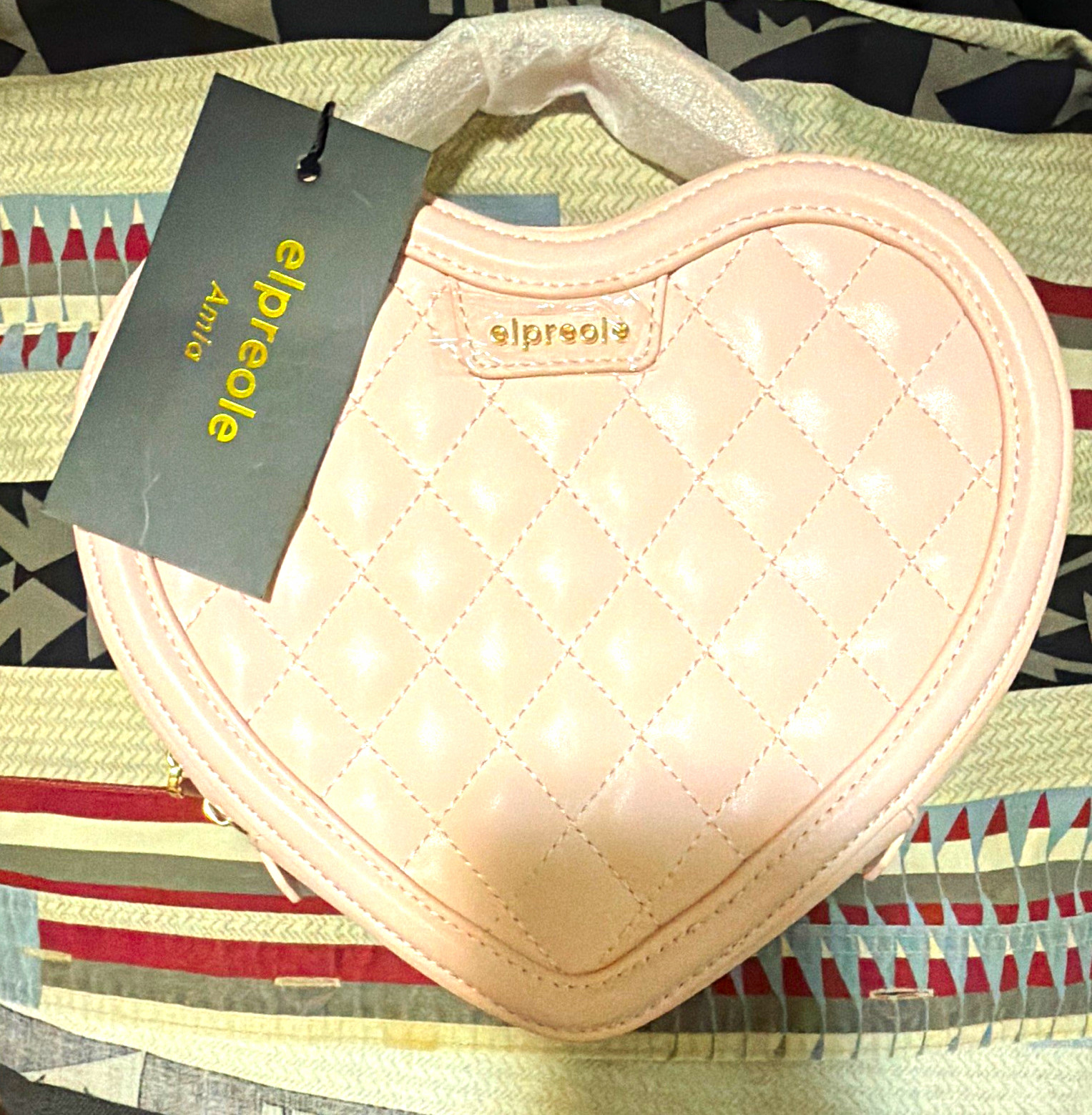 elpreole Pink Heart Quilted Top Handle Bag Zip Crossbody Detachable Strap Gold