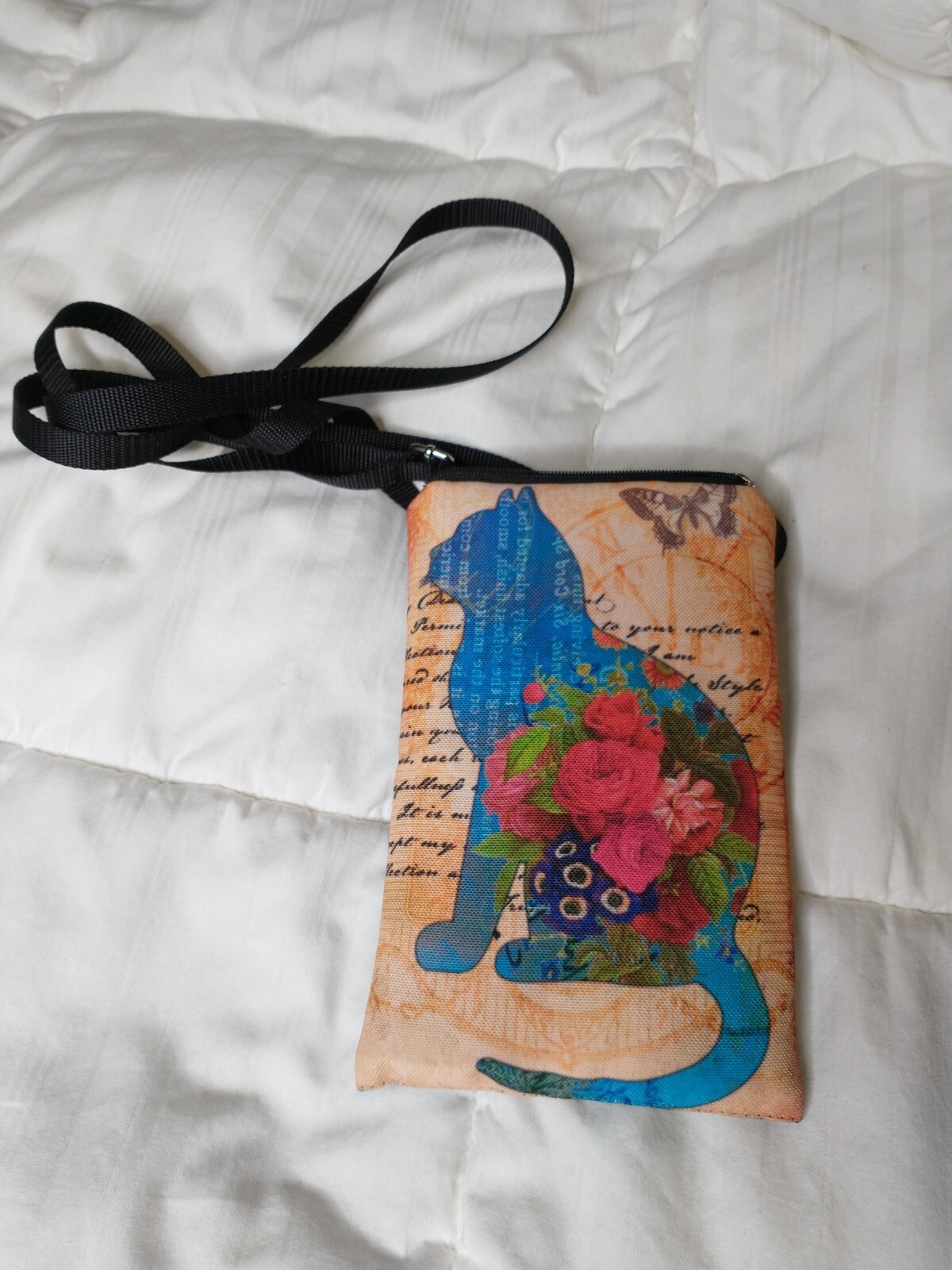 JANINE KING DESIGNS CROSSBODY PURSE Cat and Flowers 7.5 IN H BY 5 IN W