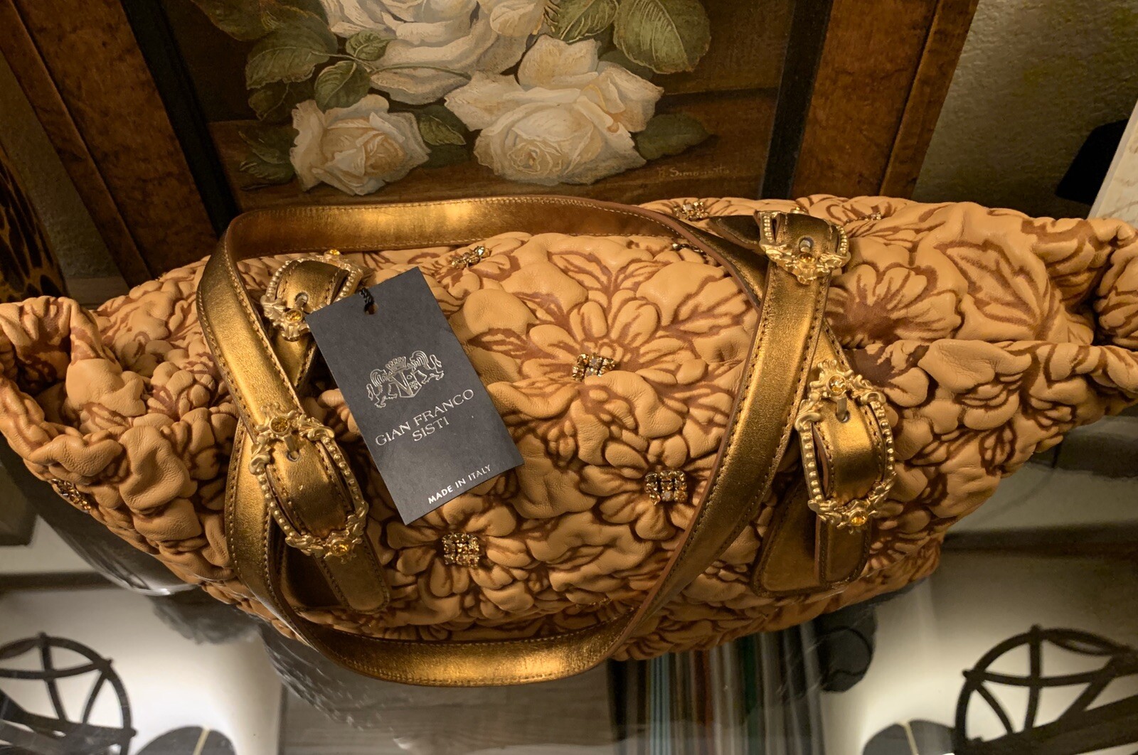 NWT Gianfranco Sisti Italy Puffed Floral Rhinestones Metallic Leather Purse Rare