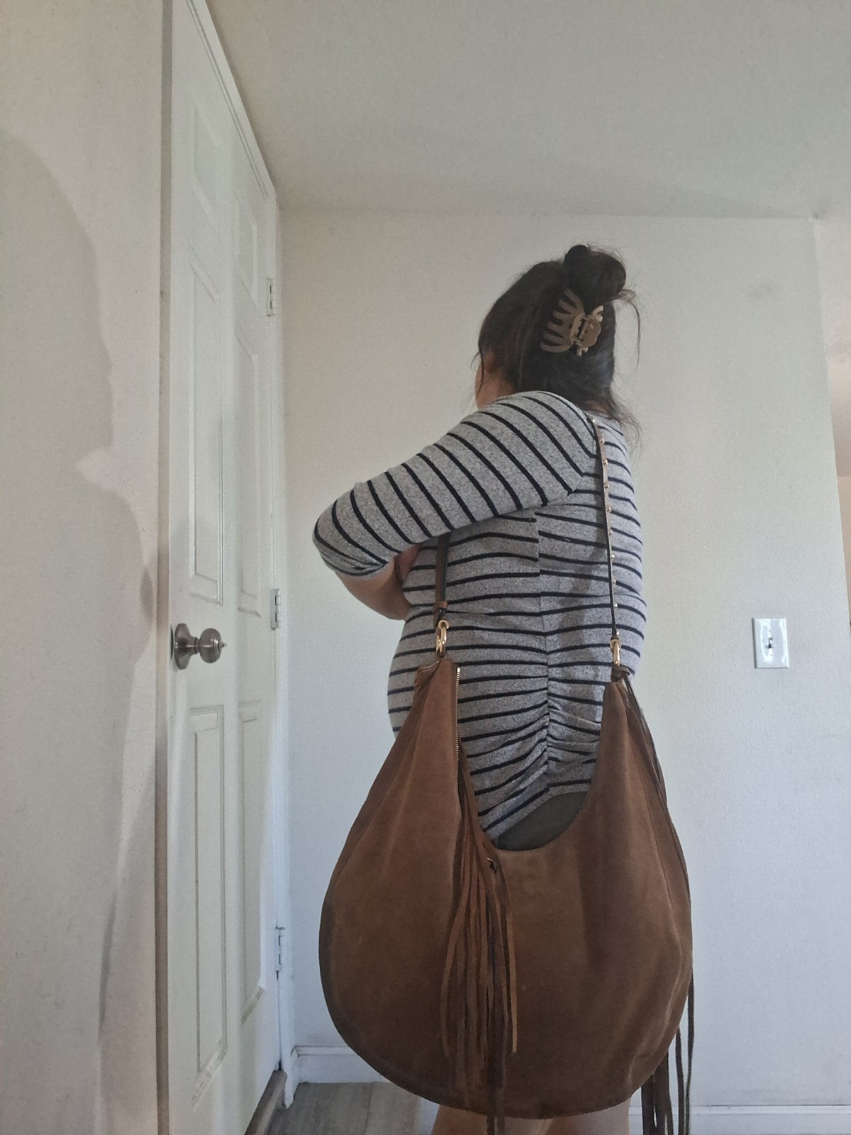 Michael Kors Rhea Crescent Shoulder Bag in brown Suede