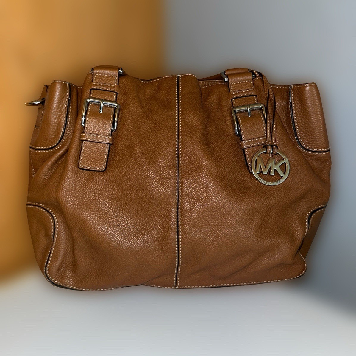 Michael Kors Large Brown Pebbled Tote Zip Magnetic Gold Hardware MK Charm