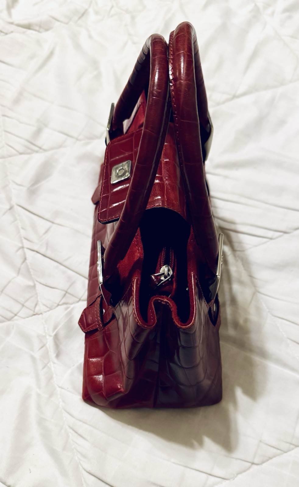 R2K Croc Embossed Burgundy Leather Satchel Handle Buckle Accent