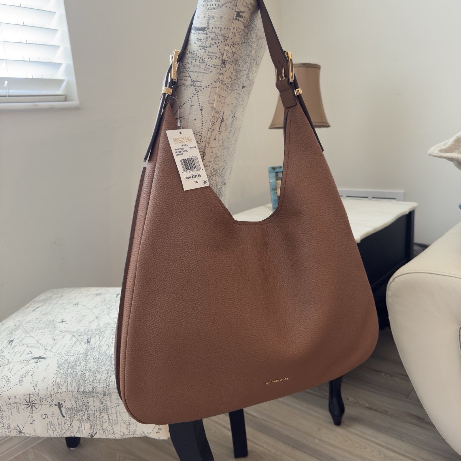 Michael Kors Large Nolita Hobo Shoulder Bag Brown Pebbled Finish Gold Hardware