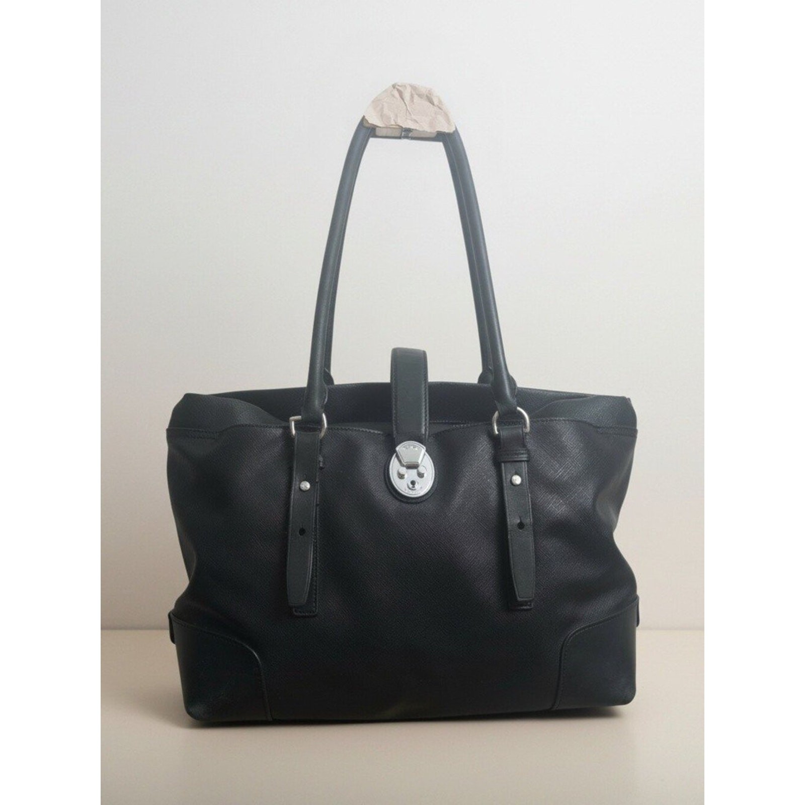 TUMI Villa Turin Commute Tote 73105D2 Black Canvas Leather Trim Lock Key