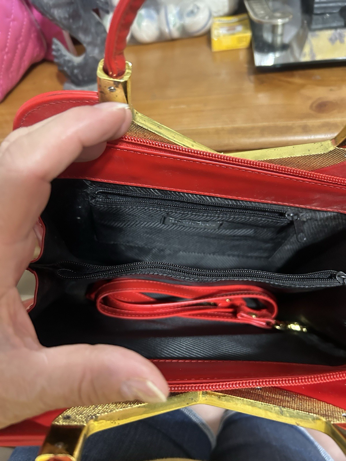 Nicole Lee Red Small Satchel Top Handle Zip Detachable Strap Gold Hardware
