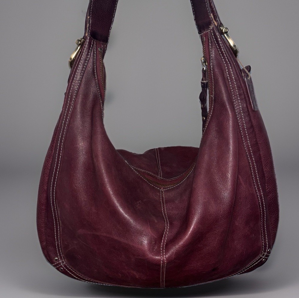 Y2K Burgundy Leather Hobo Bag Large Genuine Cowhide Shoulder Purse