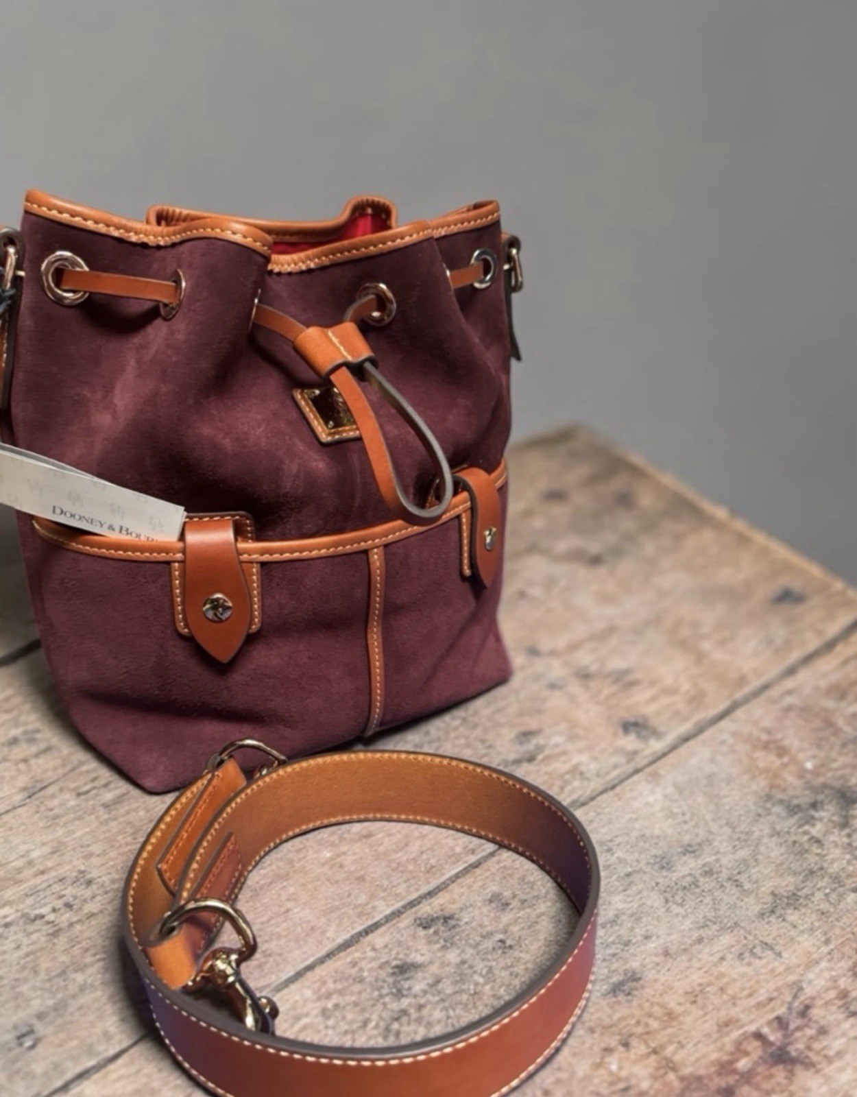 Dooney & Bourke Burgundy Bucket Drawstring Crossbody Bag Suede Leather Trim