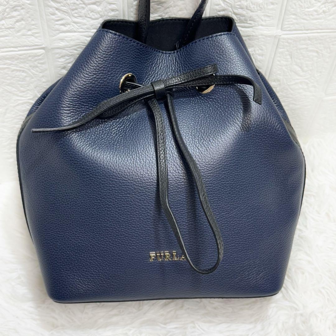 Furla Costanza Drawstring Handbag Navy Japan Used Good Condition 0610314