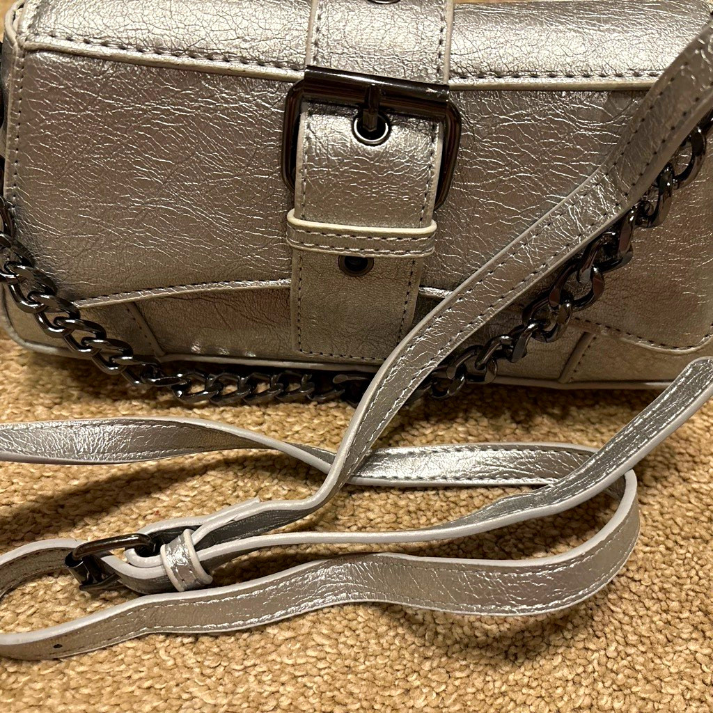 Silver Metallic Solid Crossbody Bag Small Chain Strap Buckle/Zip Gunmetal