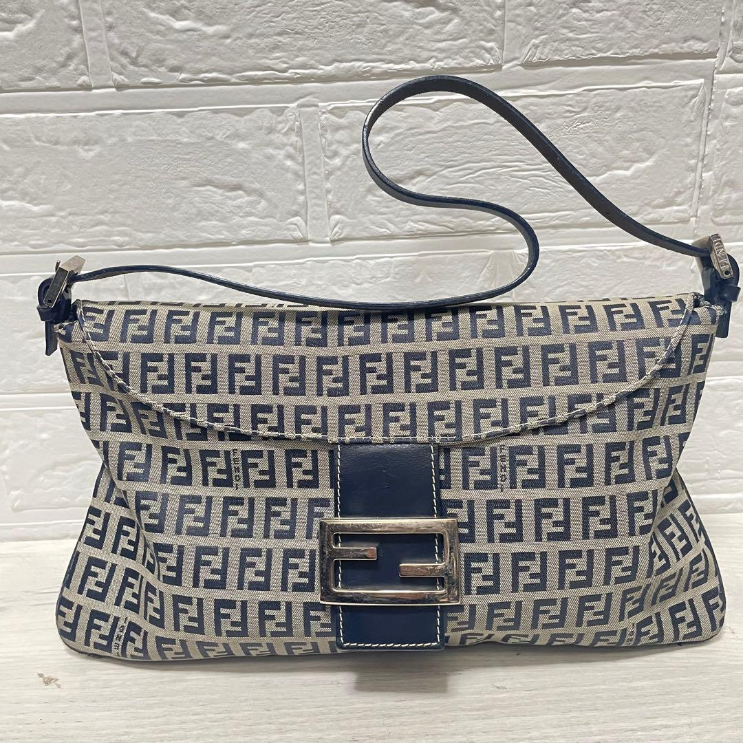 FENDI Authentic Mamma Baguette Zucchino One Shoulder Bag Navy FF Logo