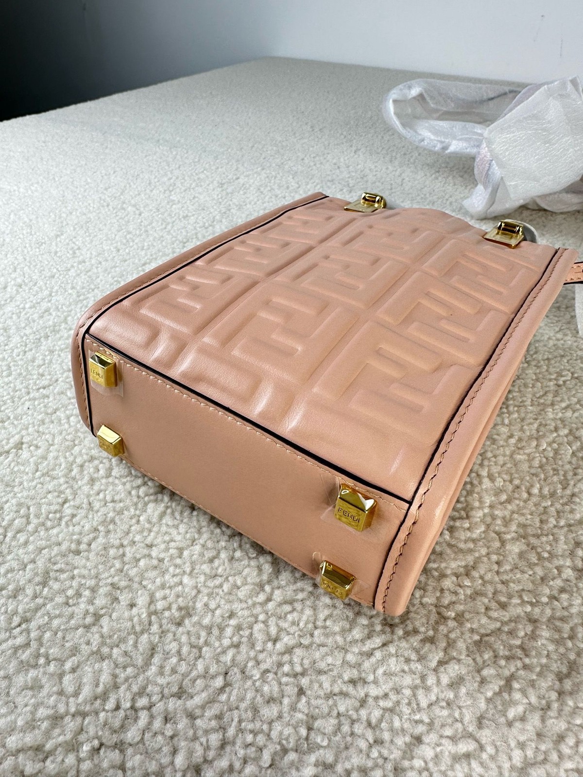 AUTH Fendi Sunshine Mini Pink FF Logo Leather Tortoise Handle Crossbody Tote Bag