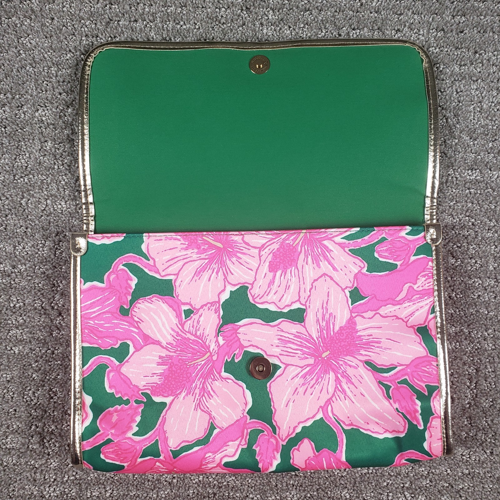Lilly Pulitzer Envelope Pouch Clutch Pink Green Hibiscus Gold Trim Handbag