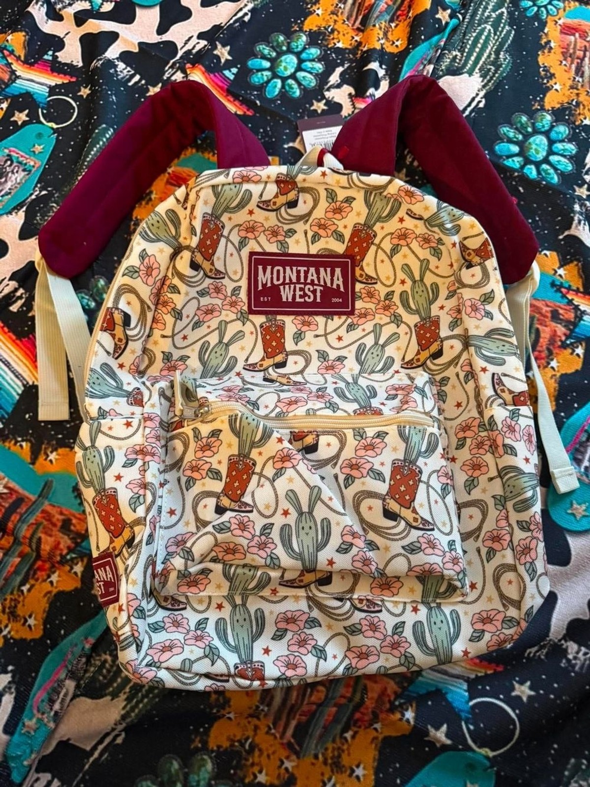 Montana West Cream Backpack with Cactus & Cowboy Boot Print and Burgundy Straps