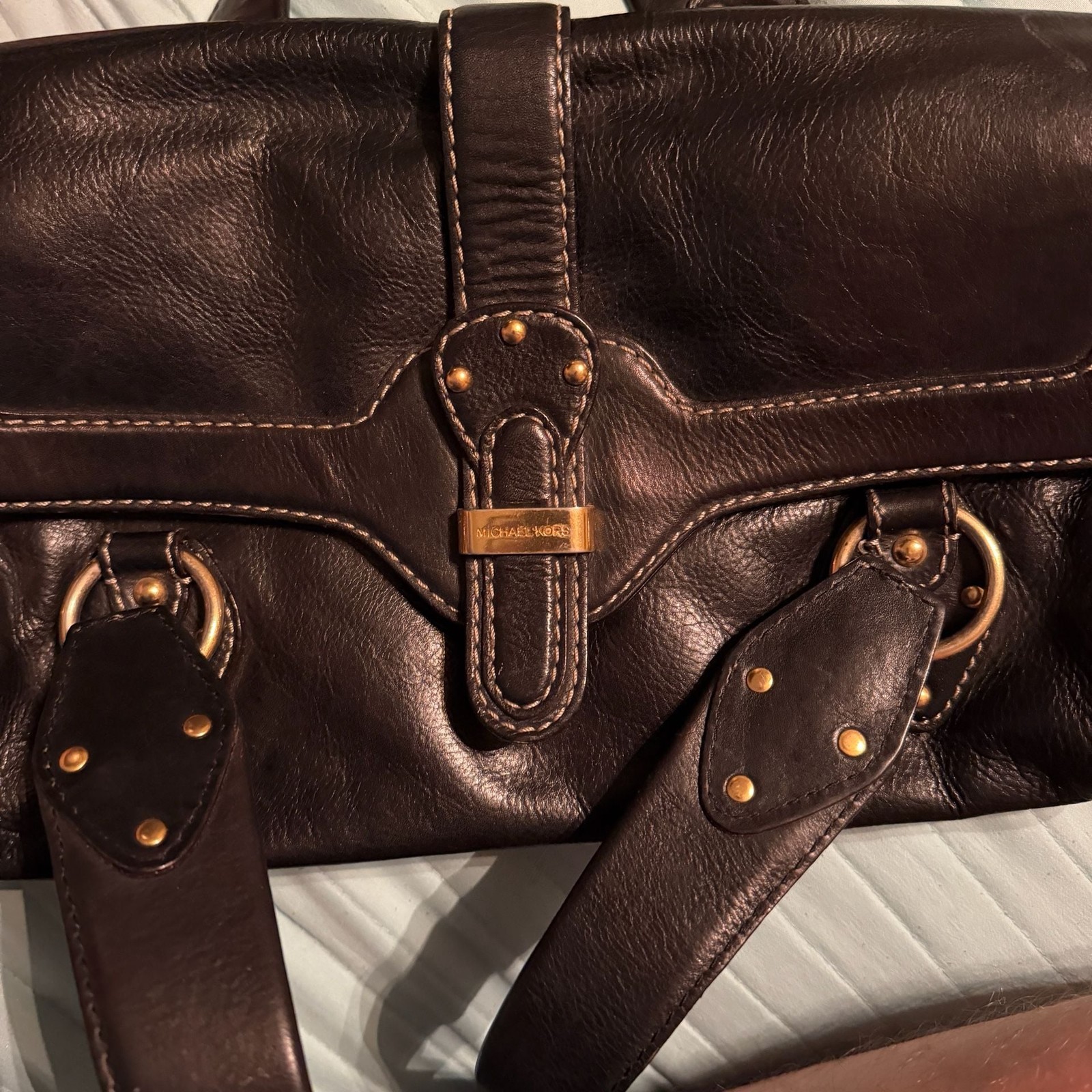 Michael Kors Vintage Black Leather Studded Handbag with Gold-Tone Hardware