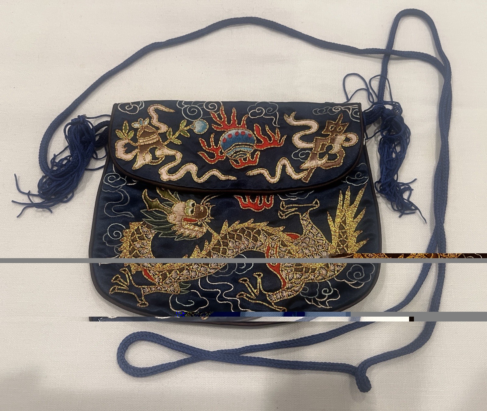 Vintage Chinese Asian Style Blue Silk Dragon Embroidered Mini Crossbody Purse