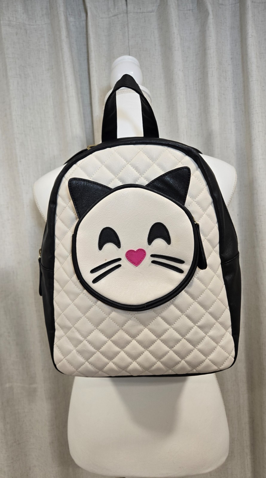 Betsey Johnson Black & White Kitty Cat Quilted Backpack Face Kawaii Cutecore
