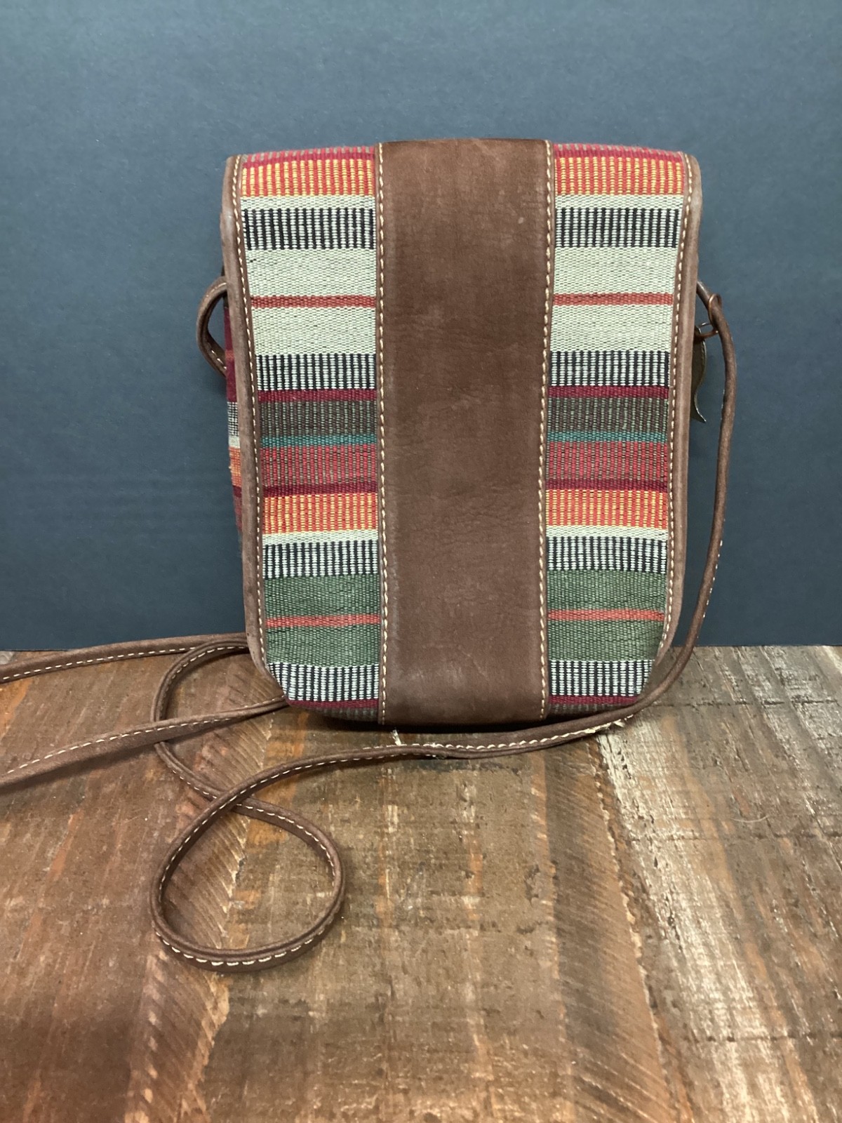 Vintage boho Brown Nubuck/stripe fabric Crossbody bag purse floral metal accent