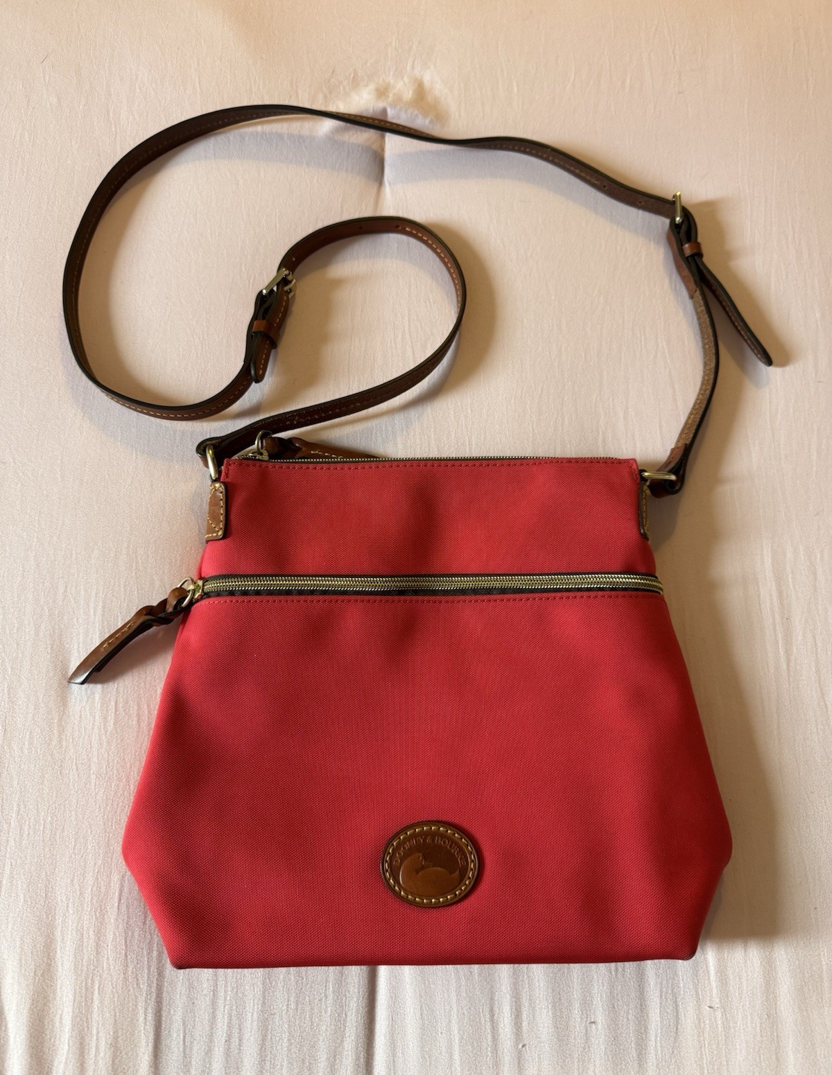 Dooney & Bourke Red Crossbody Bag Brown Leather Strap Zip, Lined, Pockets