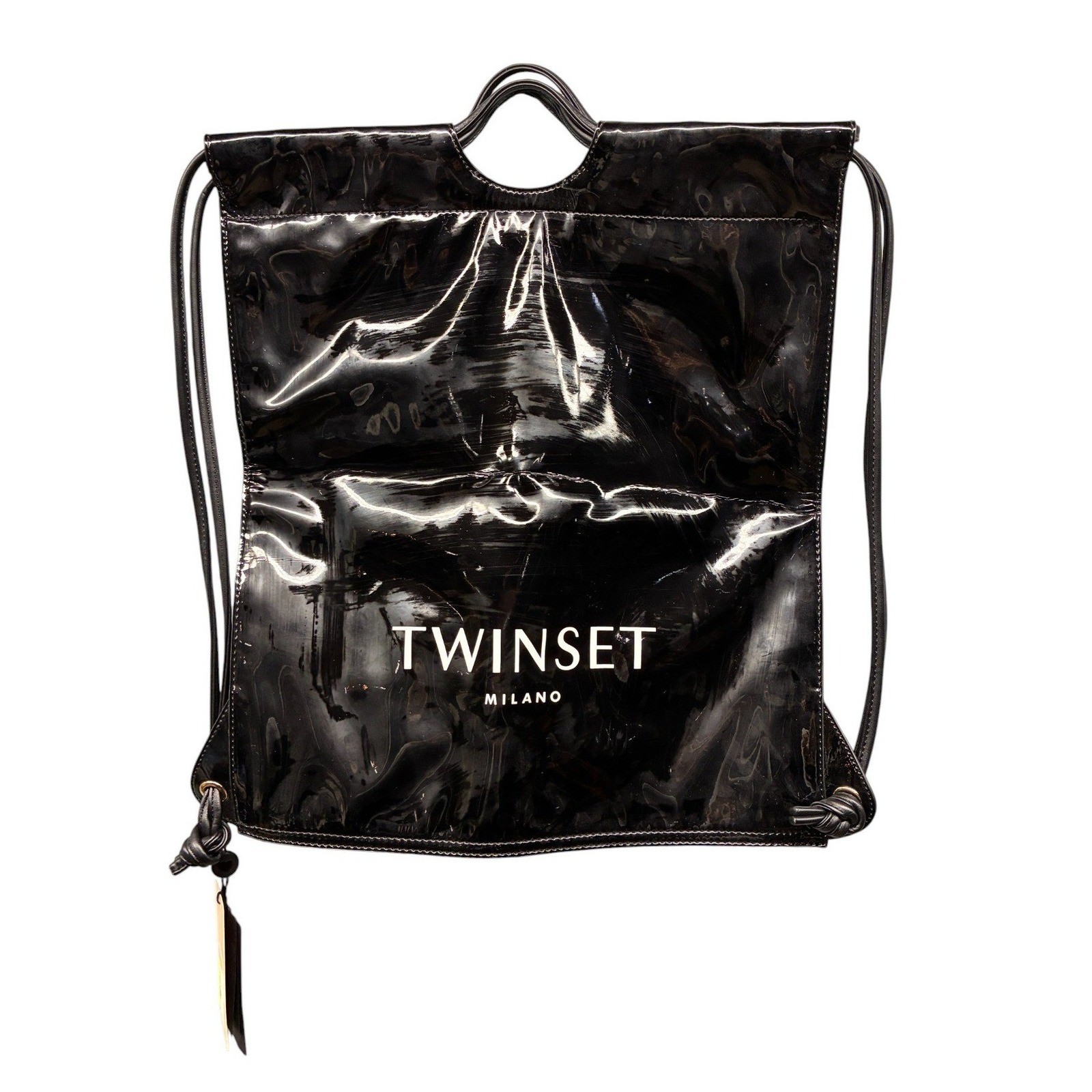 TWINSET Milano Backpack Women’s Black Patent Drawstring Zaino 201TA7178 NWT