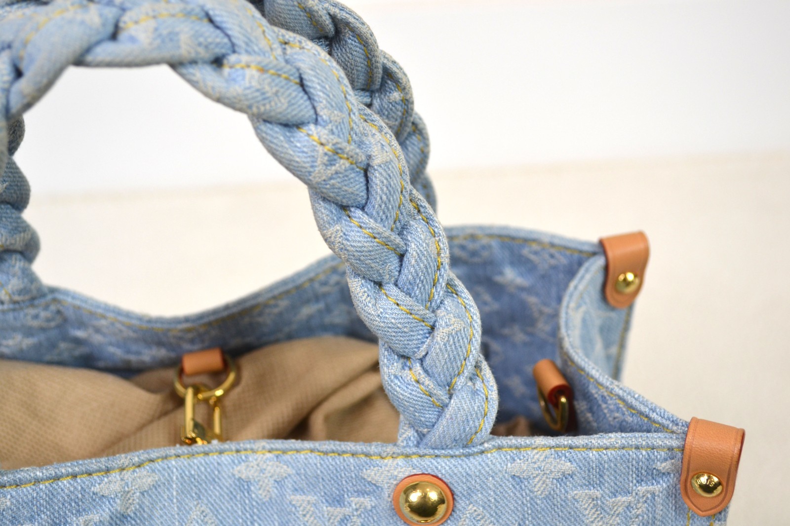 Louis Vuitton Onthego PM Sky Blue Denim Leather Shoulder Bag Handbag Purse