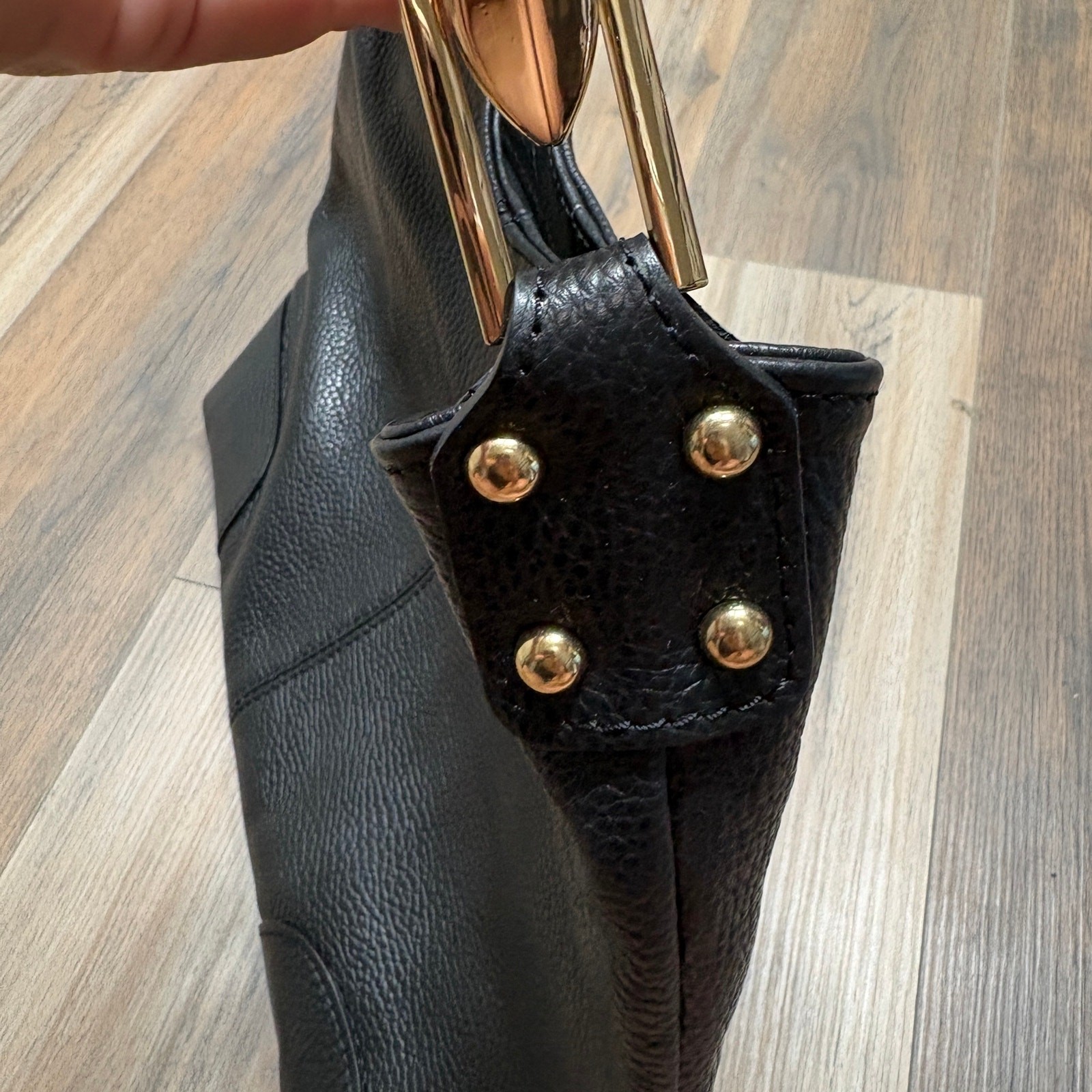 Vera Pelle Gold Top Handle Hobo Bag Black Genuine Leather Inner Zip Pocket Italy