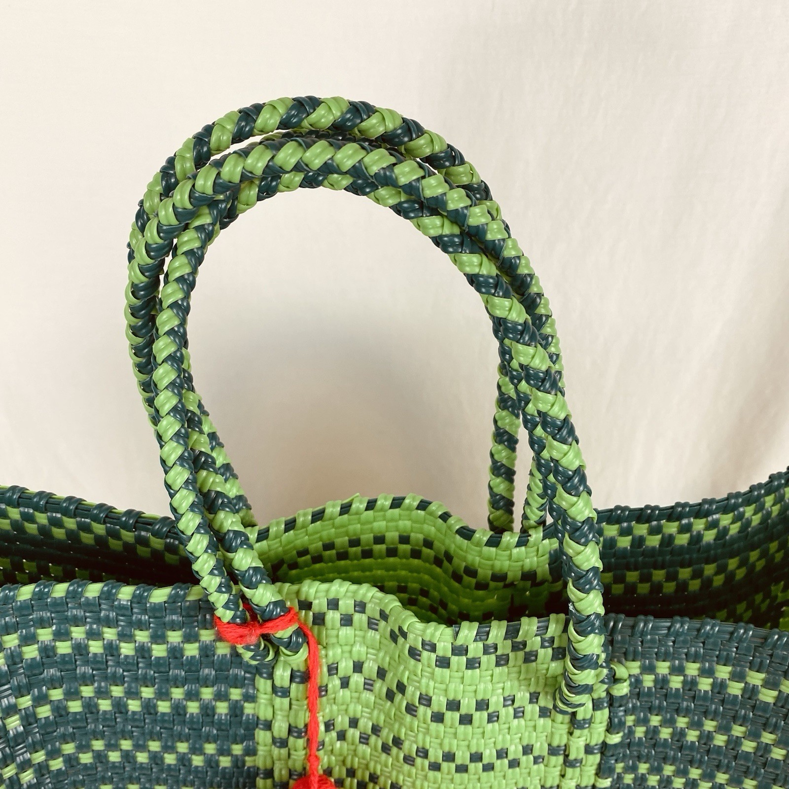 Oaxaca Mexico Hand Woven Recycled Plastic 13″ Green Market Tote Bag & Pom