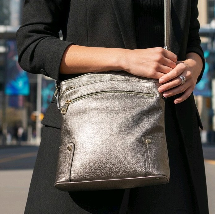 Aylessa Metallic Pewter Crossbody Bag Multi Zip Pockets Vegan Leather EUC