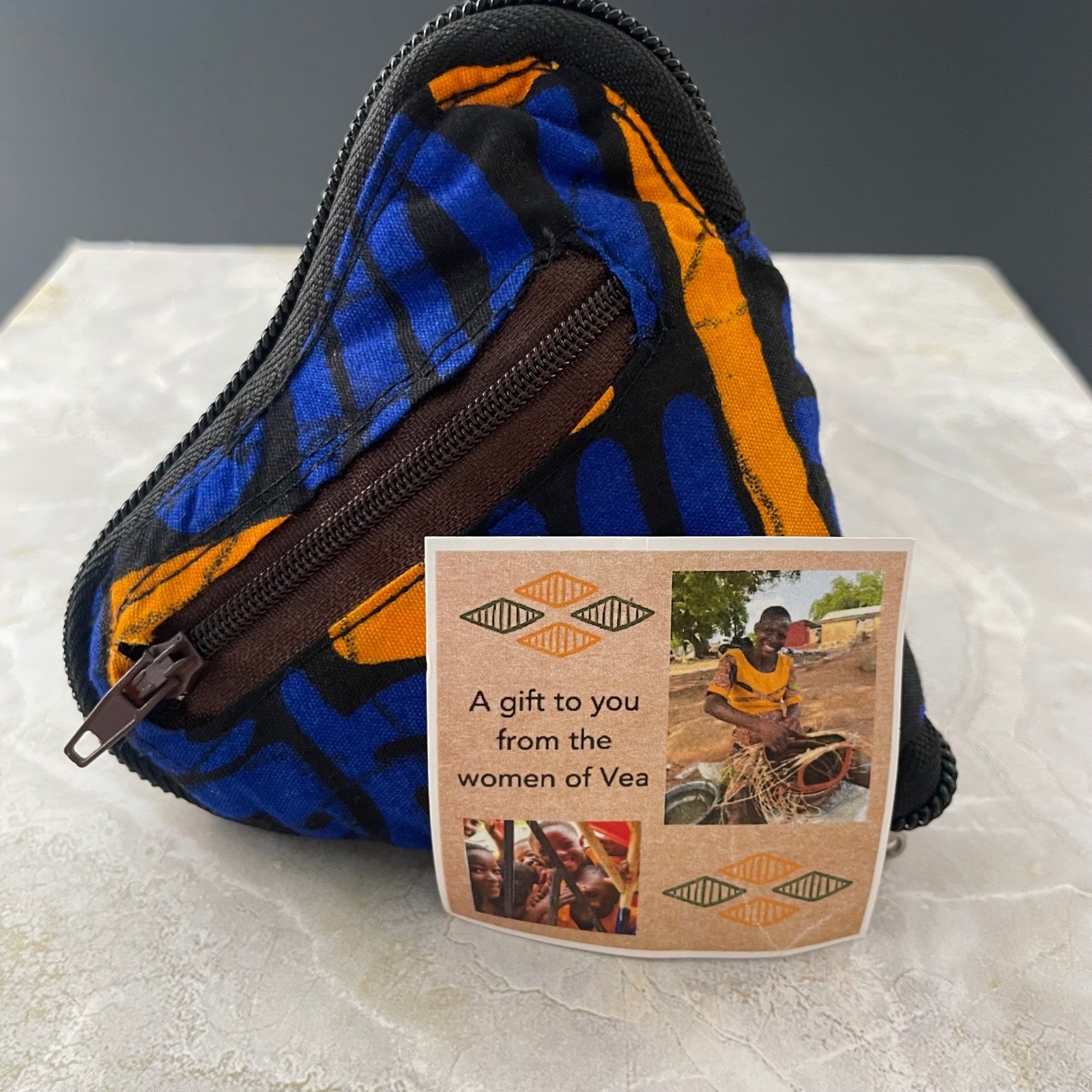 Women of Vea Africa Handmade Foldable Tote Bag Blue Orange Batik Print Pouch Zip