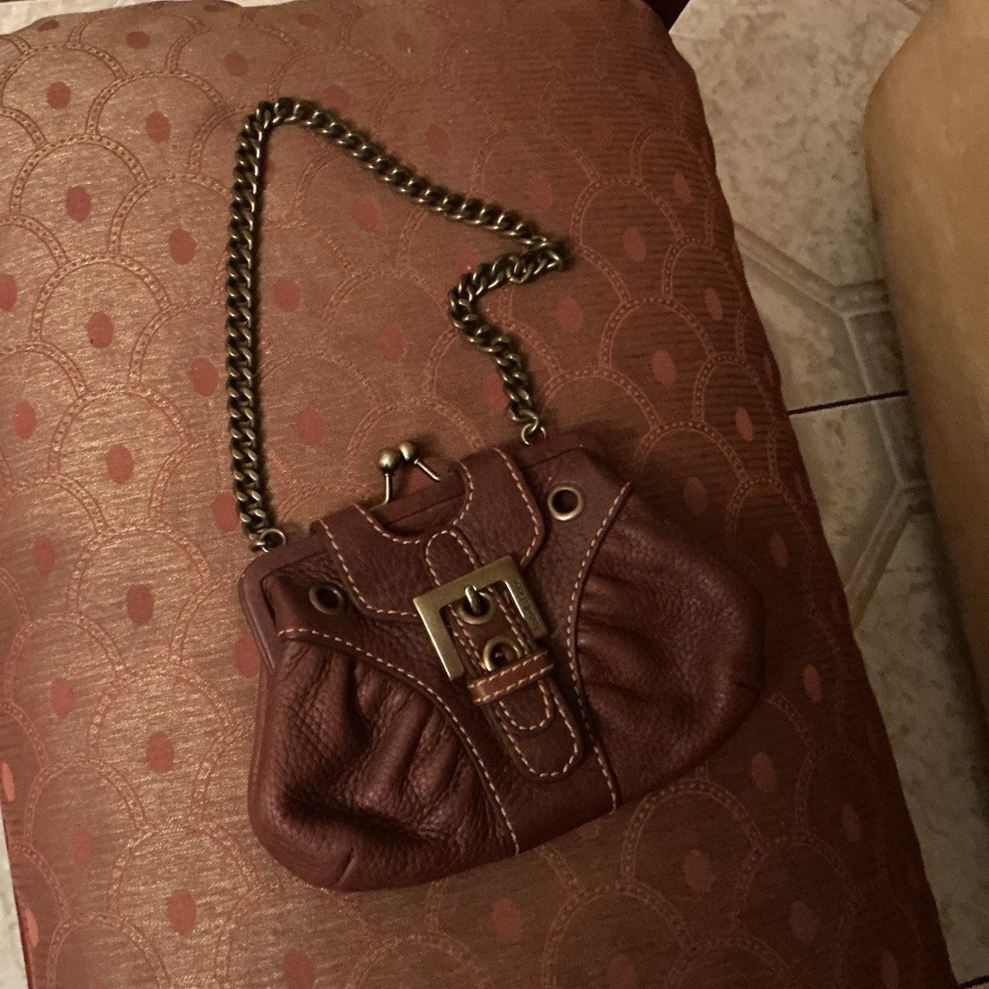 Women’s Small Brown Shoulder Bag w/ Chain Strap, Buckle Closure, Bronze